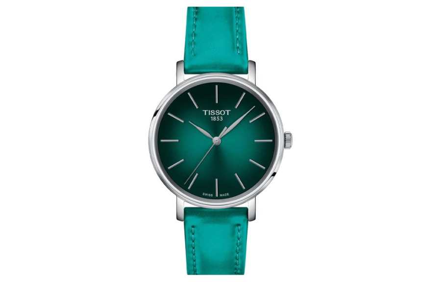 TISSOT Quartz Movement 50m Waterproof Women's Watch 34mm Green Dial Leather Strap