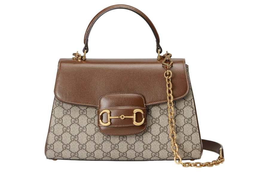 GUCCI Horsebit 1955 Supreme Canvas With Leather Trim Shoulder Bag, Crossbody Bag, Handbag Medium Women's Brown & Ebony