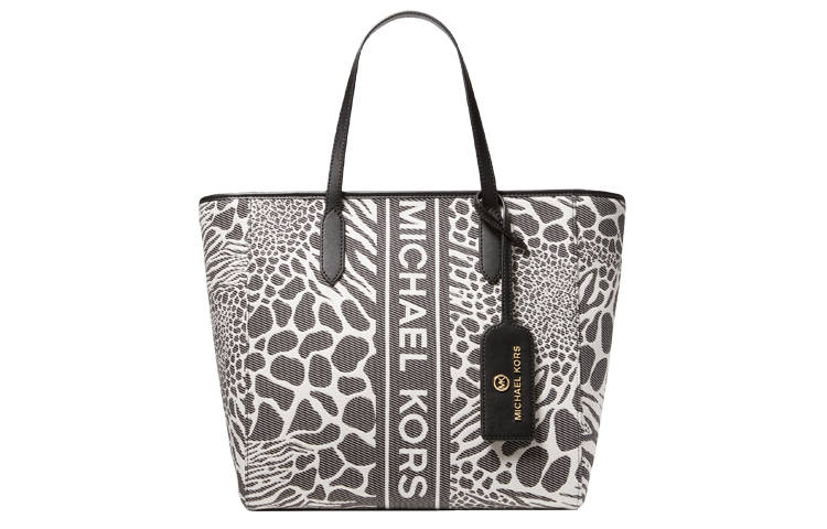 MICHAEL KORS Sinclair Animal Print Polyurethane Tote Bag, Shopping Bag, Handbag Women's Black & Ecru