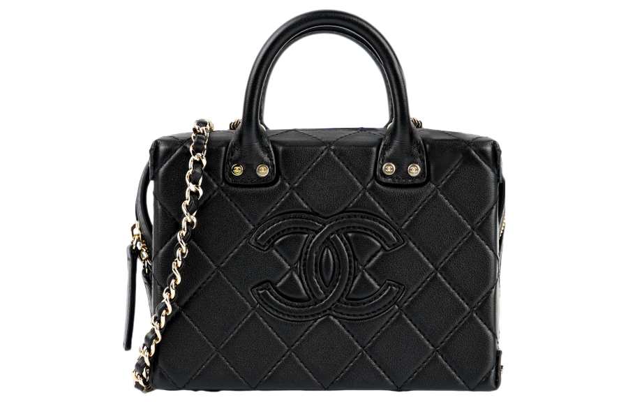 CHANEL Cow Leather Makeup Bag Briefcase Handbag Small Women's Black