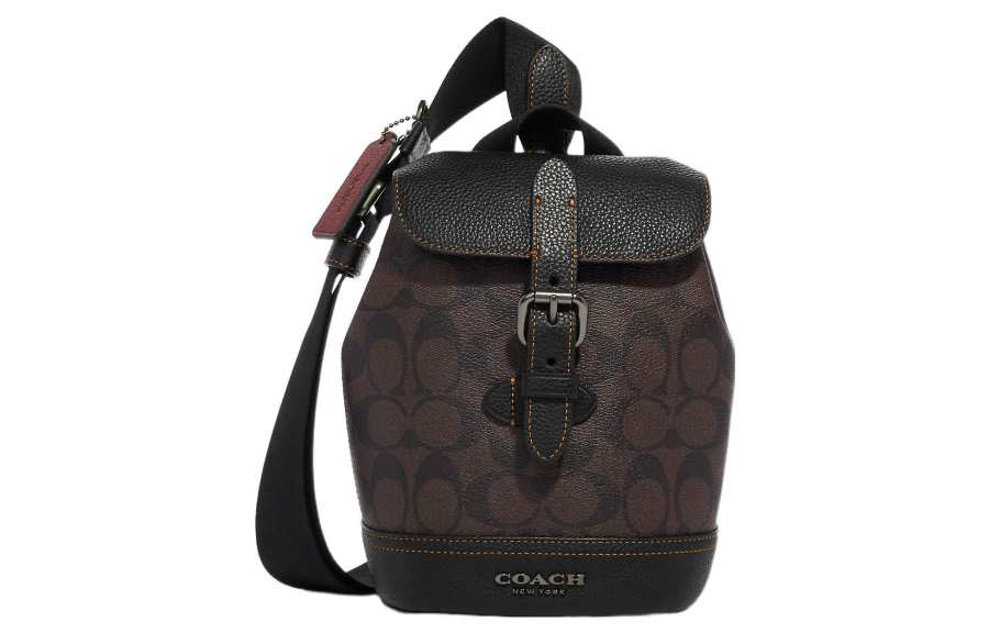 COACH Hudson Signature Coated Canvas With Natural Pebbled Leather Handbag Mini Men's Peach Blossom & Black