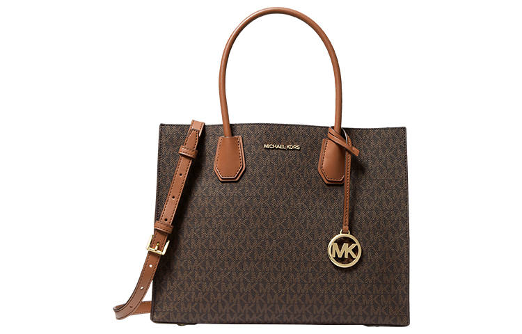 MICHAEL KORS Mercer Artificial Leather Handbag Large Women's Dark Brown & Leather Brown