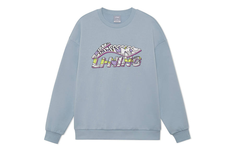 Li-Ning Li Ning Sports Fashion Collection Logo Print Loose Fit Fleece Lined Crew Neck Pullover Sweatshirt Unisex Mist Blue