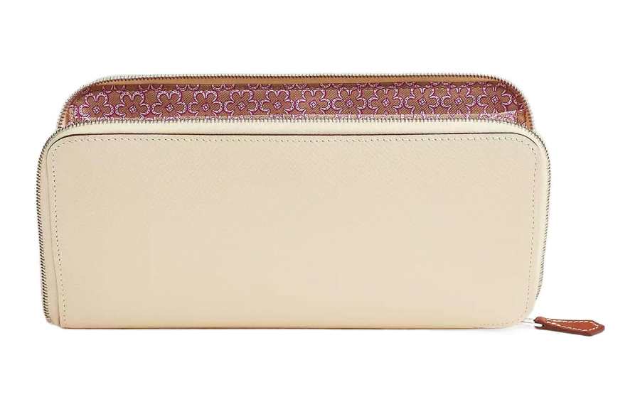 HERMES Silk'In Epsom And Barenia Calfskin Card Holder, Wallet Women's Cream White/Milk Tea/Purple Rose