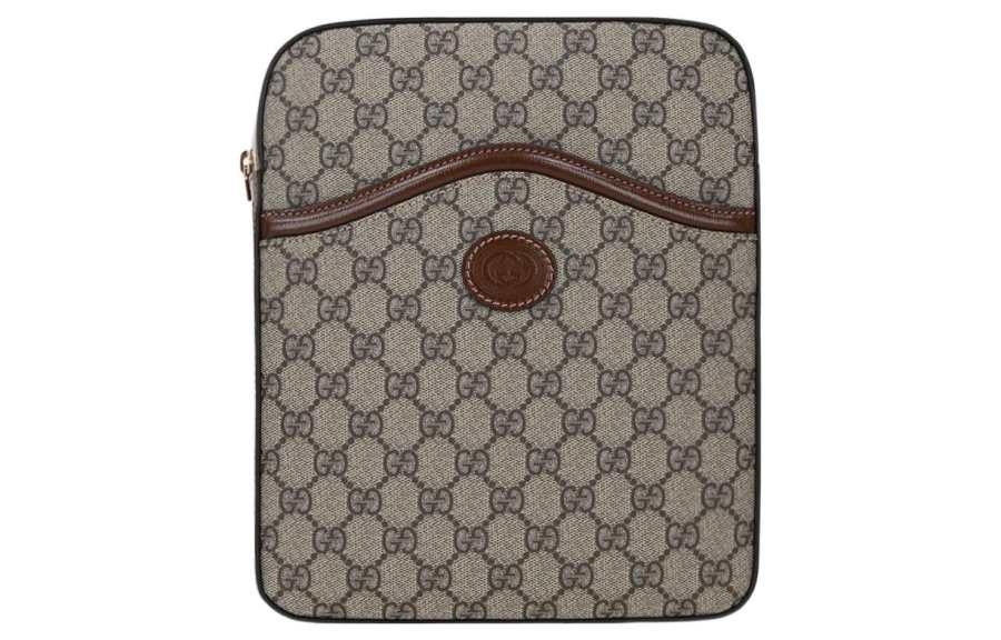GUCCI Coated Canvas With Leather Messenger Bag, Shoulder Bag Men's Beige & Ebony