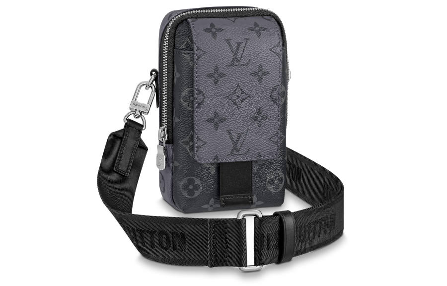 LOUIS VUITTON Coated Canvas With Cow Leather Trim Cell Phone Pouch, Shoulder Bag, Crossbody Bag Regular Men's Gray