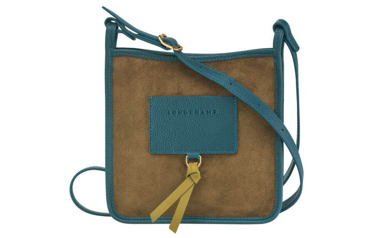 LONGCHAMP Le Foulonné Velvet With Calfskin Shoulder Bag, Crossbody Bag Small Women's Blue & Khaki