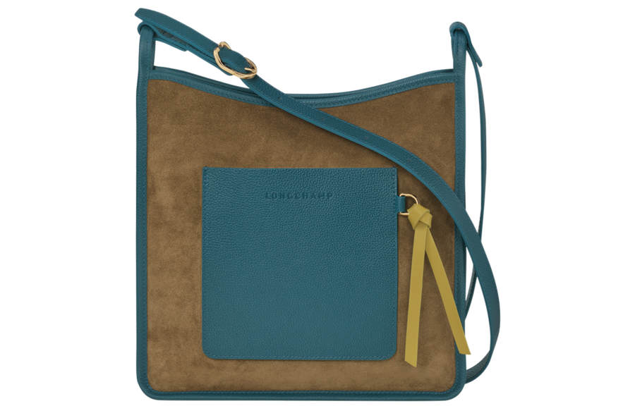 LONGCHAMP Le Foulonné Velvet Calfskin Shoulder Bag, Crossbody Bag Large Women's Blue & Khaki
