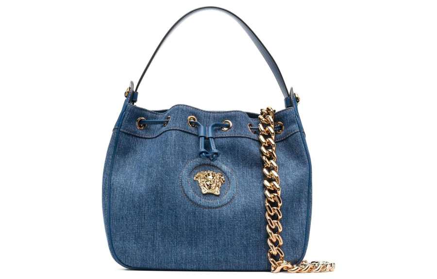VERSACE Calfskin Cotton Bucket Bag, Portable Crossbody Bag, Shoulder Bag Women's Marine Blue