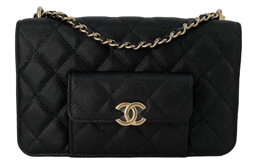 CHANEL WOC Litchi Grain Cow Leather 2 in 1 Pocket Bag, Chain Bag, Shoulder Bag, Crossbody Bag Large Women's Black