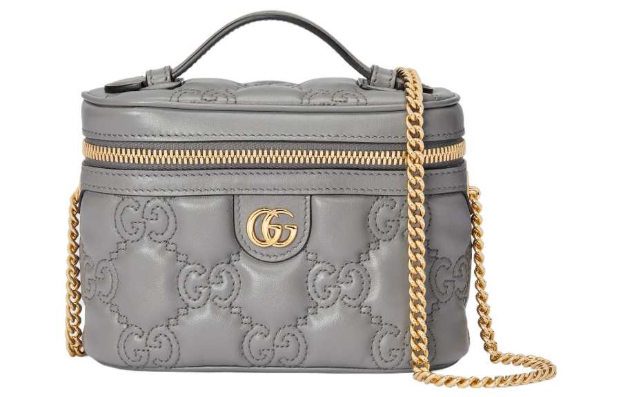 GUCCI GG Matelassé Leather Handle Bag Makeup Box Shoulder Bag, Handbag Mini Women's Gray
