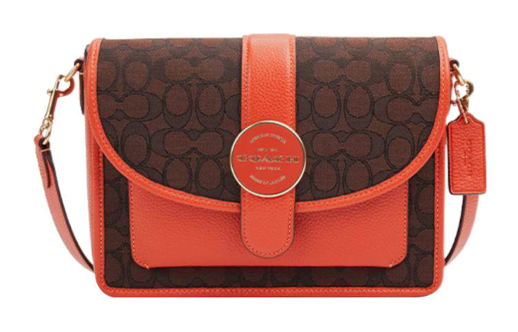 COACH Lonnie Fabric With Cow Leather Small Square Bag, Shoulder Bag, Crossbody Bag Medium Women's Brown & Orange & Red