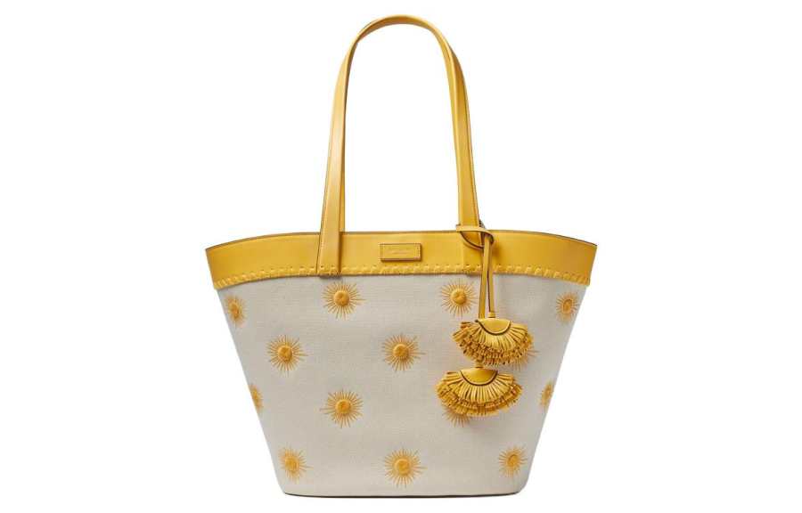 Kate Spade Fabric With Cow Leather One Shoulder Handbag Medium Women's Morning Light Yellow & Ecru