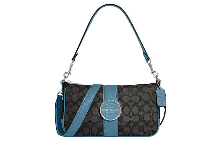 COACH Lonnie Fabric With Cow Leather Shoulder Bag, Portable Crossbody Bag Women's Charcoal Black & Pacific Blue