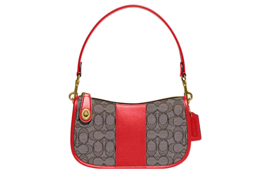 COACH Swinger Fabric With Leather Shoulder Bag, Crossbody Bag, Handbag Medium Women's Gray & Red