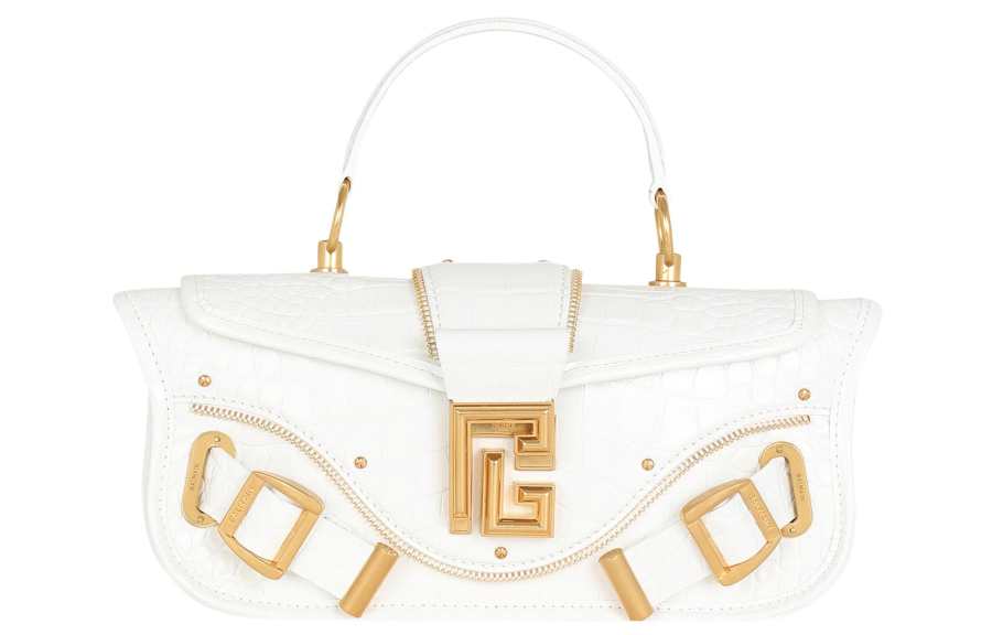 BALMAIN Crocodile Embossed Calfskin Portable One Shoulder Crossbody Clutch Women's White