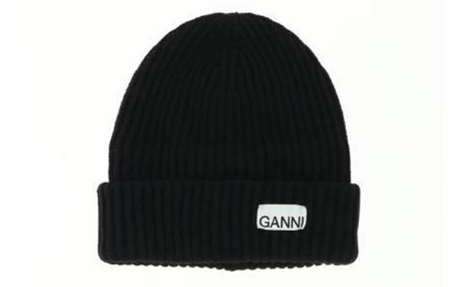 GANNI GANNI Logo-patch Ribbed-knit Beanie