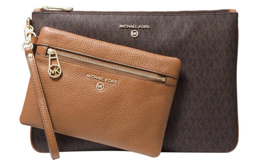 MICHAEL KORS Slater Cotton With Coated Canvas And Leather Trim Combo Bag Clutch Large Women's Dark Brown