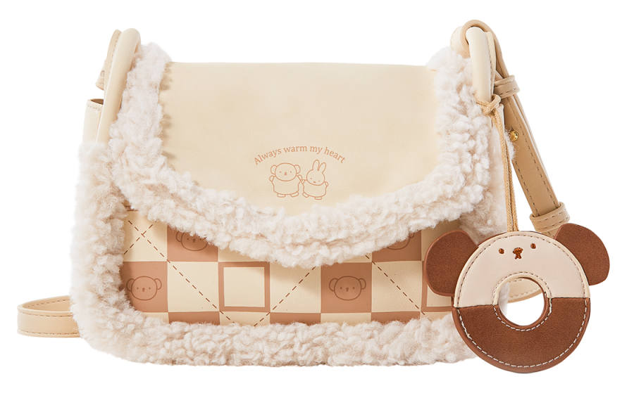 Miffy Lambswool Fleece Patchwork Satchel Bag, Saddle Bag, Shoulder Bag, Crossbody Bag Small Women's Apricot/Light Brown