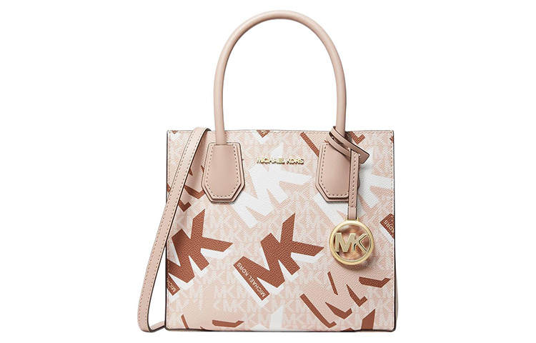 MICHAEL KORS Mercer Canvas With Leather Tote Bag, Shopping Bag, Handbag Medium Women's Brown & White
