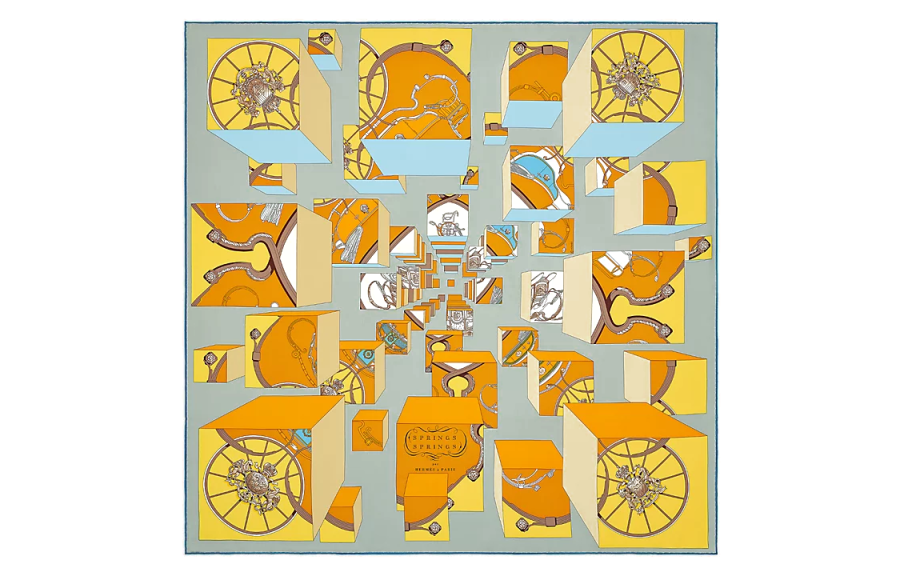 HERMES Carre Silk Scarf Women's Gray/Orange/Bright Yellow