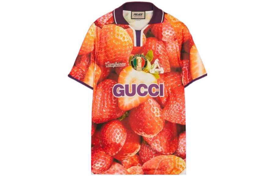 GUCCI Palace X GUCCI Strawberry Print Technical Jersey Football T shirt
