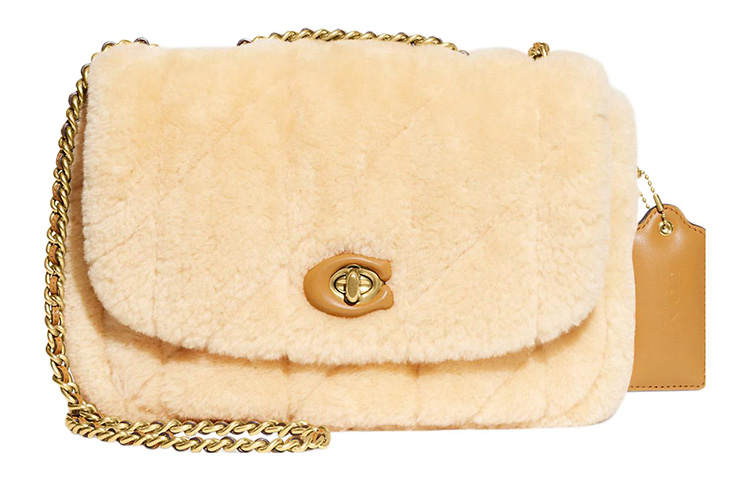 COACH Pillow Shearling Plush With Smooth Leather Portable Crossbody Bag, Shoulder Bag Women's Ecru
