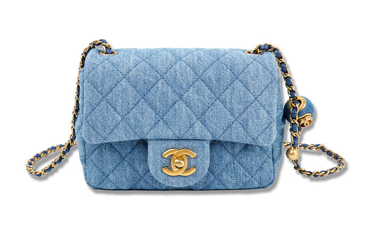 CHANEL 22C Early Spring Small Gold Ball Denim Shoulder Bag, Crossbody Bag Women's Denim Blue