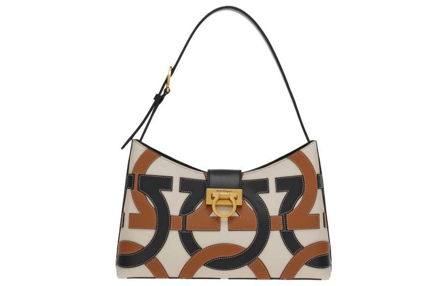 FERRAGAMO Trifolio Calfskin Swings Bag, Shoulder Bag, Handbag Women's White/Black/Brown