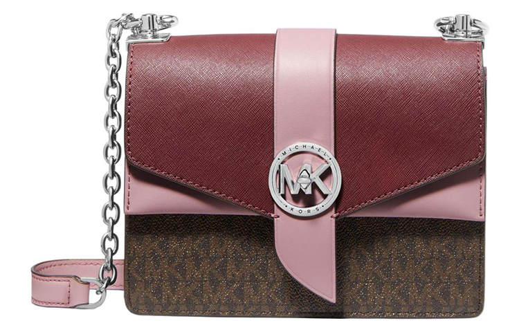 MICHAEL KORS Greenwich Canvas With Leather Crossbody Bag, Shoulder Bag Small Women's Brown & Fuchsia
