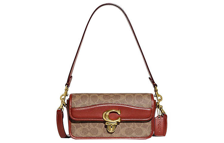 COACH Studio Cow Leather Shoulder Bag, Small Square Bag, Portable Crossbody Bag, Shoulder Bag Small Women's Brown & Red