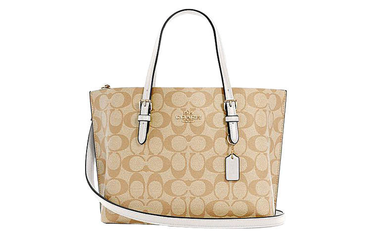 COACH Mollie Artificial Leather Tote Bag, Shopping Bag, Shoulder Bag, Crossbody Bag, Handbag 25 Women's Khaki & White