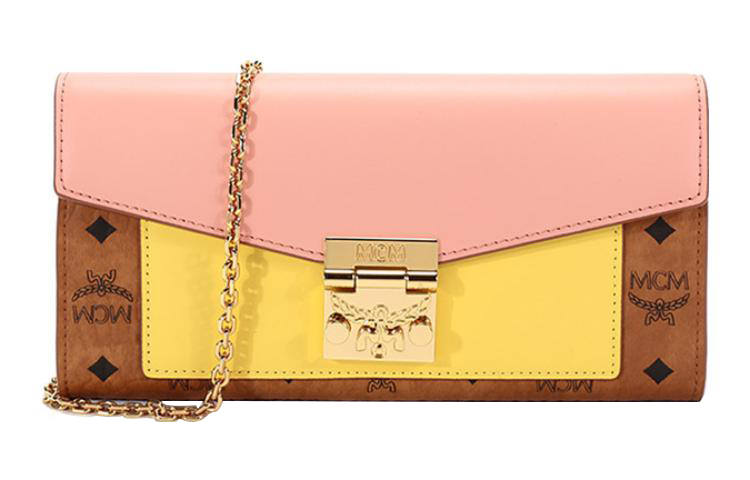MCM Patricia Visetos Leather Shoulder Bag, Crossbody Bag, Chain Bag Regular Women's Pink & Yellow/Brown Cognac