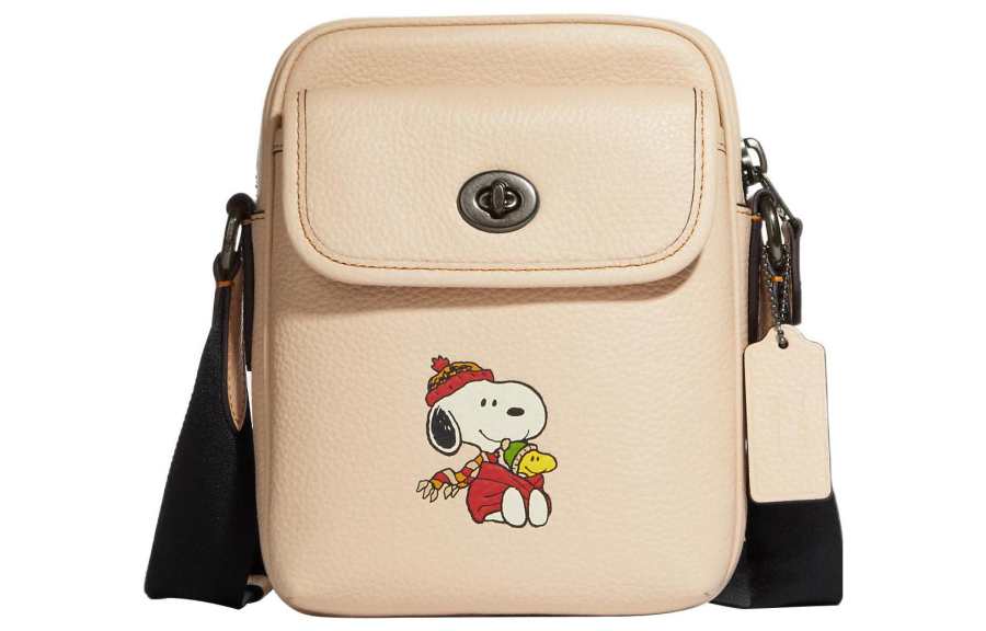 COACH Peanuts Snoopy Collaboration Heritage Pebbled Leather Shoulder Bag, Crossbody Bag Mini Women's Ivory White