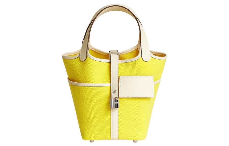 HERMES Picotin Lock Goeland Canvas With Swift Calfskin Basket Bag, Bucket Bag, Handbag 18 Women's Lemon & Gray & White