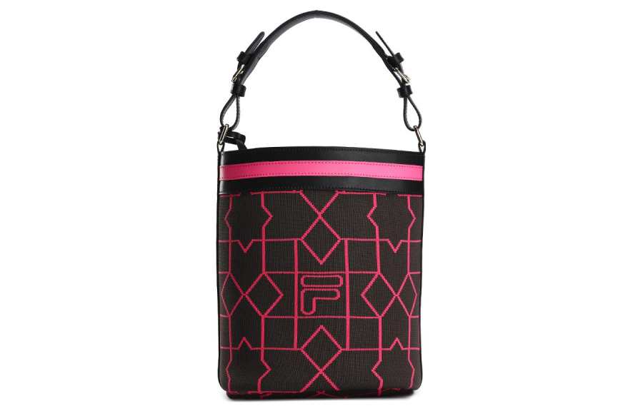 FILA FILA Jacquard Fabric, Cow Split Leather One Shoulder Handbag Women's Charcoal Dark Gray/Pink
