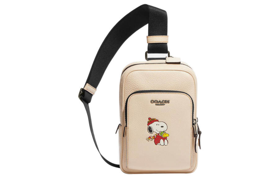 COACH Peanuts Snoopy Collaboration Track Pebbled Leather Shoulder Bag, Crossbody Bag, Sling Bag Mini Men's Ivory White