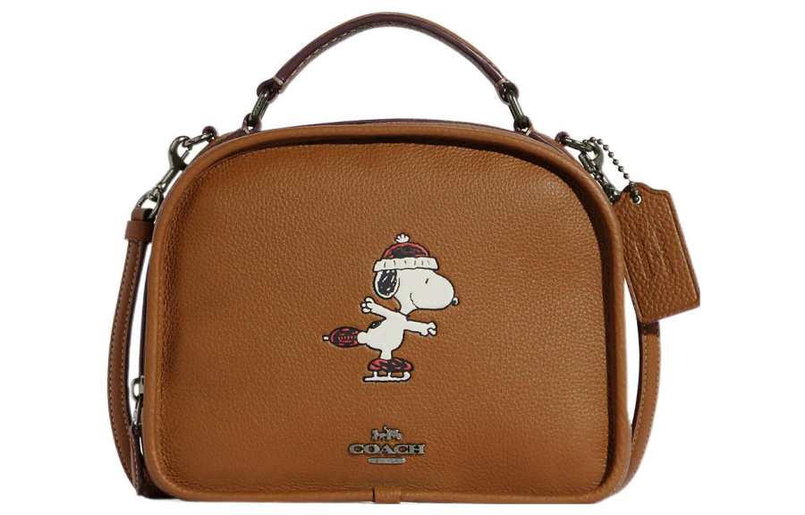 COACH Peanuts Snoopy Collaboration Lunch Pail Pebbled Leather Handbag, Shoulder Bag, Crossbody Bag Small Women's Brown