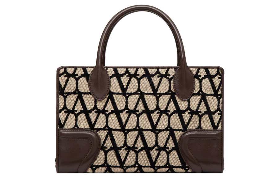 Valentino Canvas With Goatskin Tote Bag, Shopping Bag, Shoulder Bag, Crossbody Bag, Handbag Small Women's Beige/Black