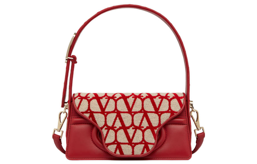Valentino Canvas With Goatskin Detail Shoulder Bag, Crossbody Bag, Handbag Small Women's Beige/Red