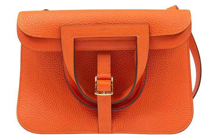 HERMES Halzan Clemence Bullock Leather Horseshoe Handbag Regular Women's 9J Feu Flame Orange