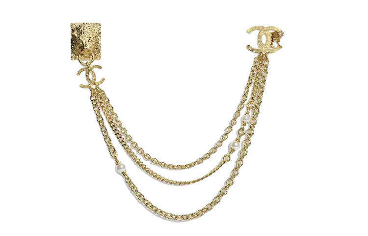 CHANEL Metal Pearl Chain Brooch Unisex Gold