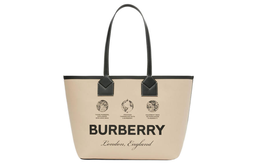 Burberry Label Print Cotton Medium London Tote Bag Beige/Black/Acrhive Beige