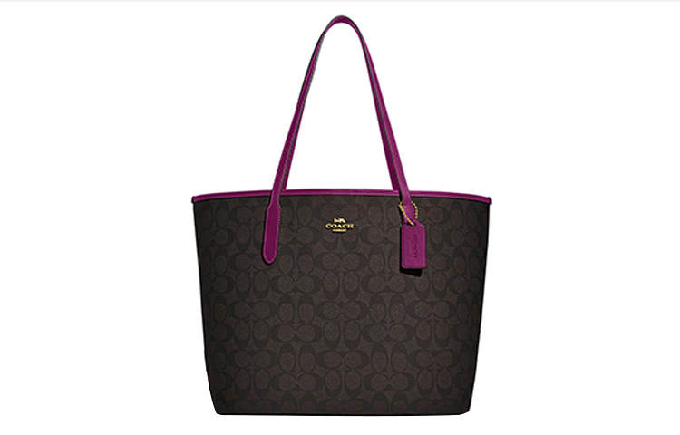 COACH City Coated Canvas With Leather Tote Handbag, Shoulder Bag Large Women's Brown & Red