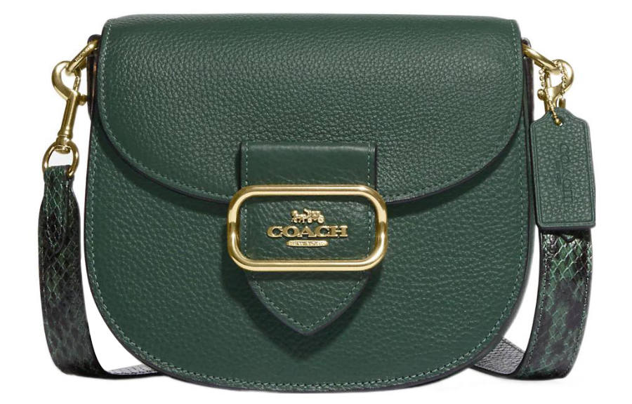 COACH Saddle Pebbled Leather With Snakeskin Print Embossed Leather Saddle Bag, Shoulder Bag, Crossbody Bag Medium