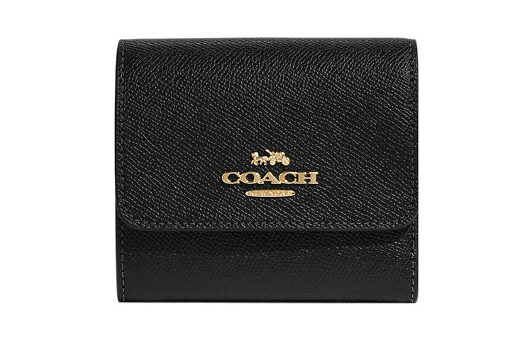 COACH Trifold Wallet Cross Grain Leather Card Holder, Wallet Women's Black