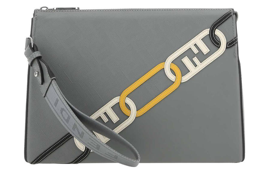 FENDI Cow Leather Handbag Wrist Bag Clutch Small Men's Gray