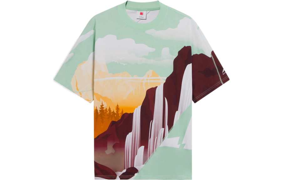 Li-Ning Li Ning T Shirts Unisex Umber Light Grass Green All Over Print Crew Neck Moderate Straight Fit