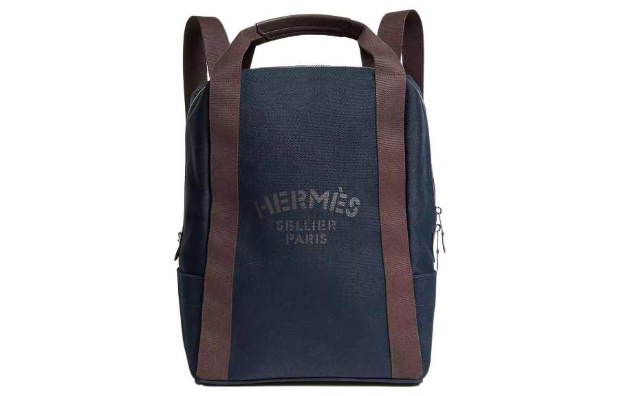 HERMES Groom Cotton Blend With Barenia Calfskin Backpack Unisex Marine Blue/Flame Orange