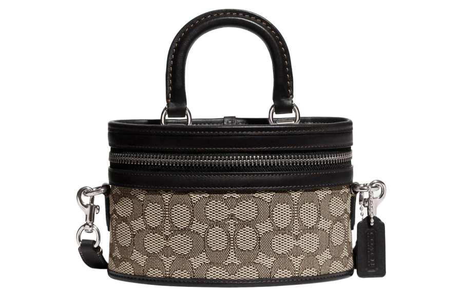COACH Trail Jacquard Fabric With Glove Tanned Leather Shoulder Bag, Crossbody Bag, Handbag Small Women's Black & Umber